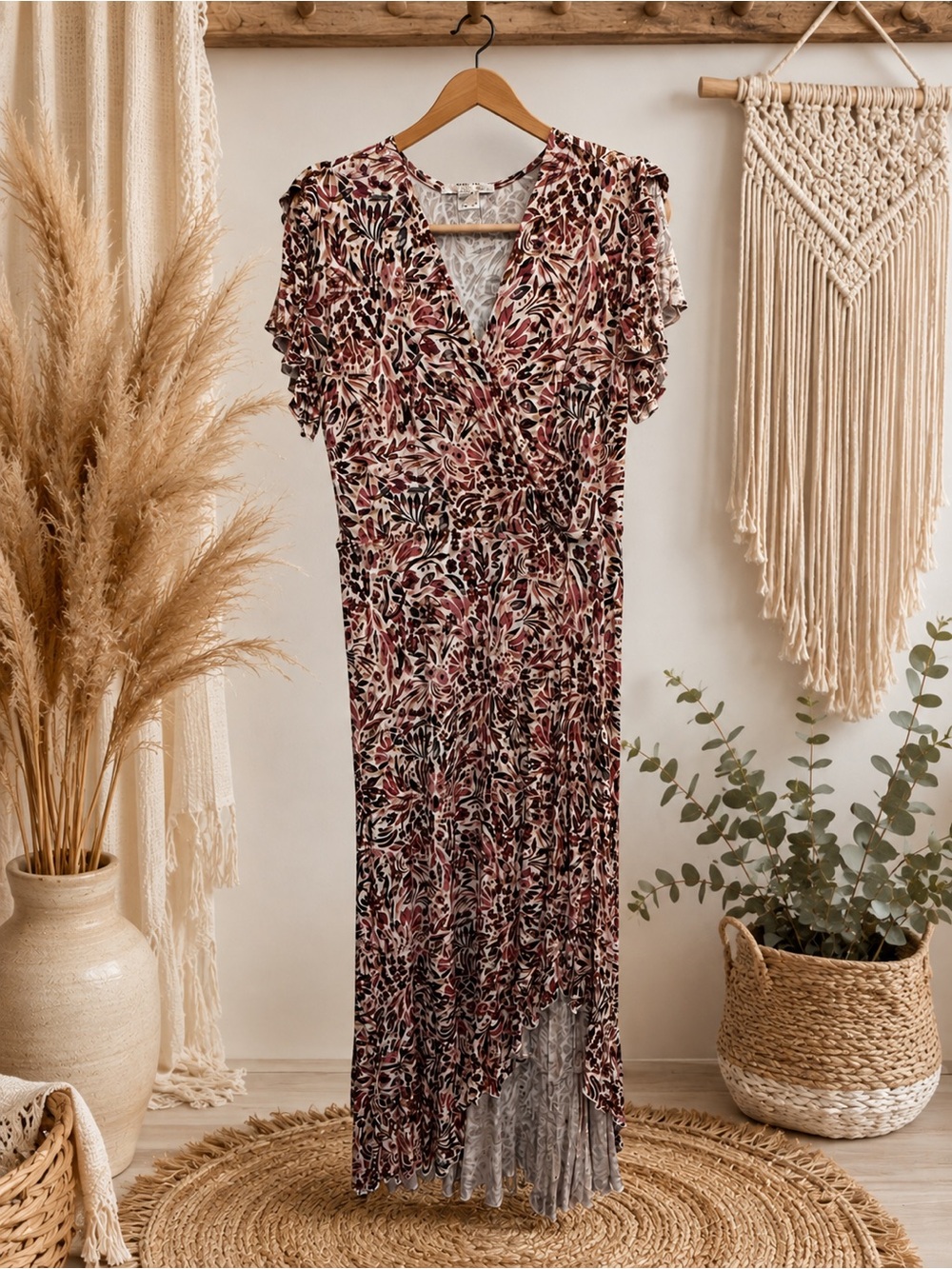 VENUS Burgundy and Cream Floral Asymmetrical Wrap Dress